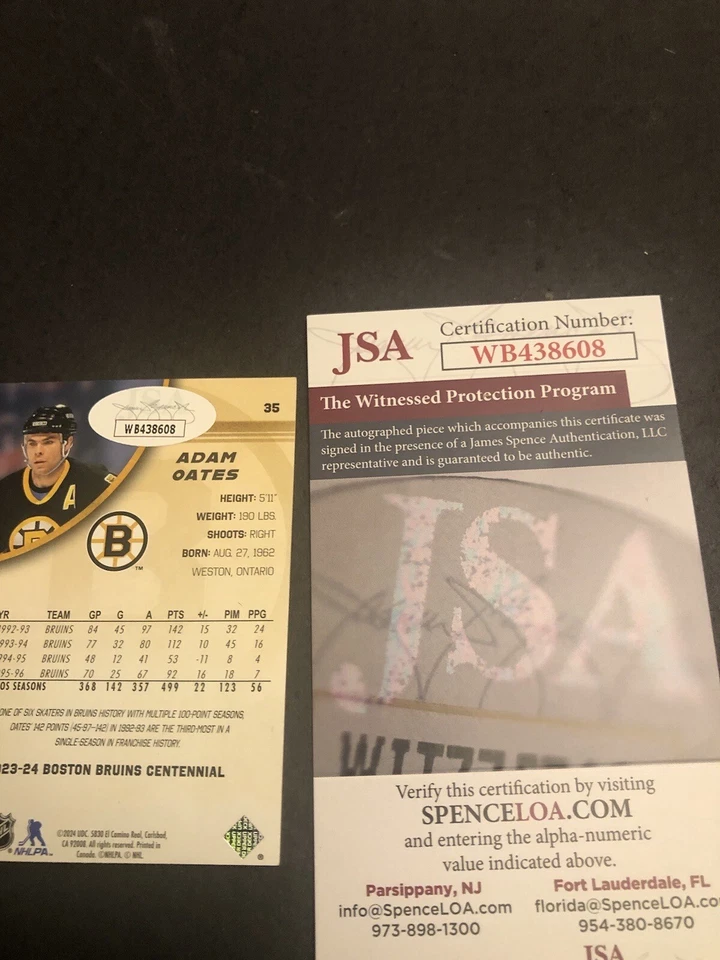 JSA 2023-24 Signed Upper Deck Bruins Centennial #35 Autographed Adam Oates 608 - Image 3 of 4