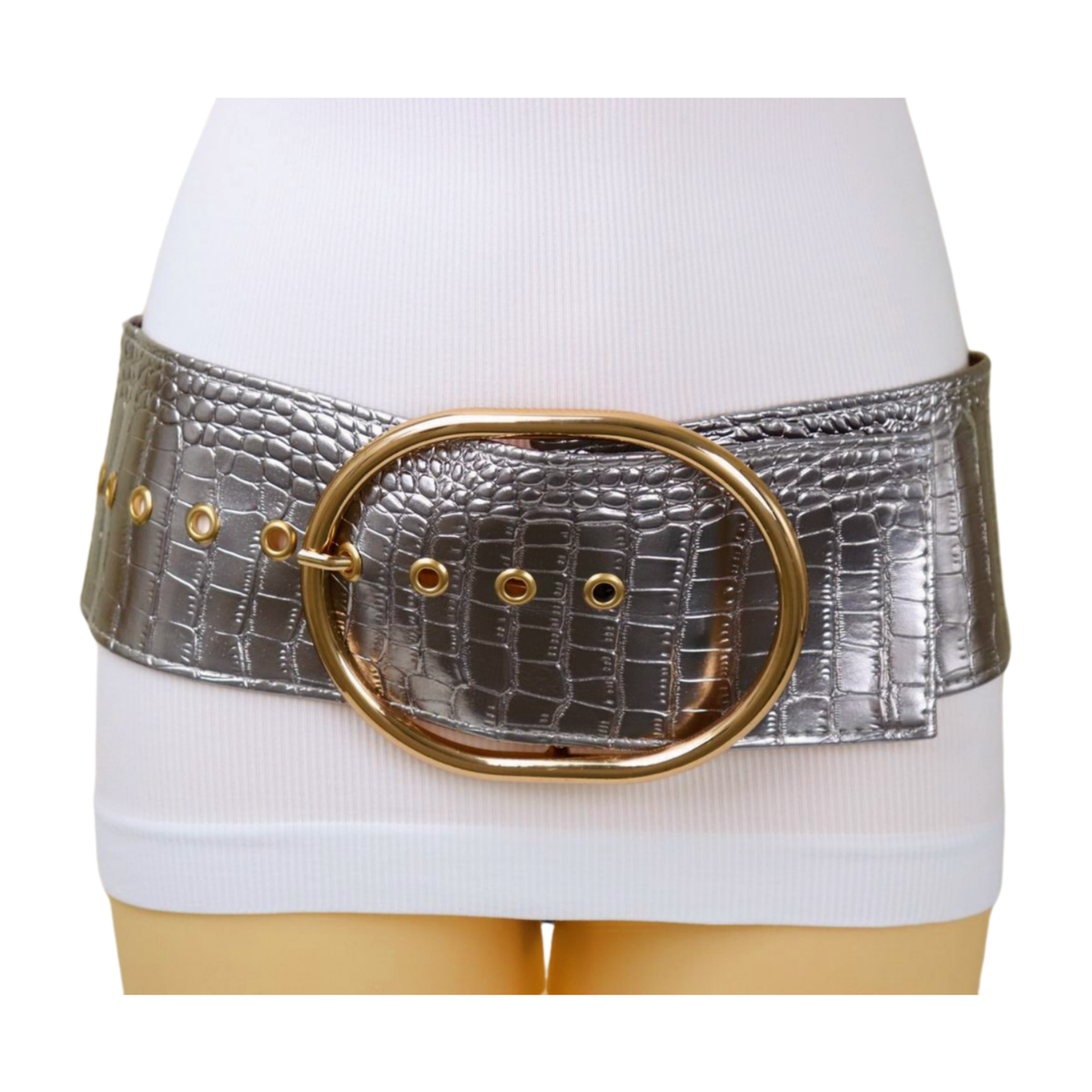 Metallic Oval Metal Waist Statement Belt (Gold or Silver) Women Wide Silver Chrome Gunmetal Statement Belt Gold Oval  main image 2