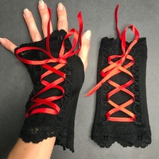 Corset Gloves Black Red Lace Up Arm Cuffs Horror Costume Gothic Bloody Vampire