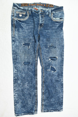 Rock Revival TYSON Alt Straight Jeans Mens 42 Blue Slim Stretch Distressed Denim