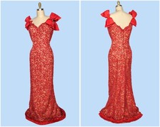 1980s Bob Mackie Lace and Sequin Evening Gown, Designer Red Formal Ball Gown