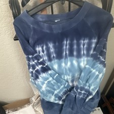 Women s Blue Tie-Dye Crew Neck Long Sleeve Raglan Cotton Fleece Pullover L