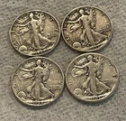 FOUR WALKING LIBERTY SILVER HALF DOLLAR COINS 1942, 43, 44S, 45D