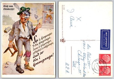 Vintage Oktoberfest Munich Humorous Postcard Drunk Bavarian Cartoon 1960s Posted