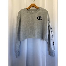 Champion Womens Heather Gray Cropped Fleece Sweatshirt Logo Sleeve Size M