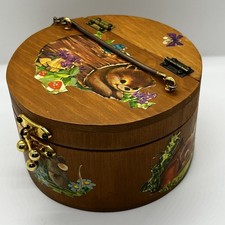 VTG Round Wooden Purse Decoupage Woodland Animals Deer Collage Box Metal Handle