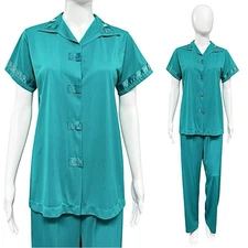 Henson Kickernick Vintage Nylon Satin Pajama Set Teal Green Size 34 Small