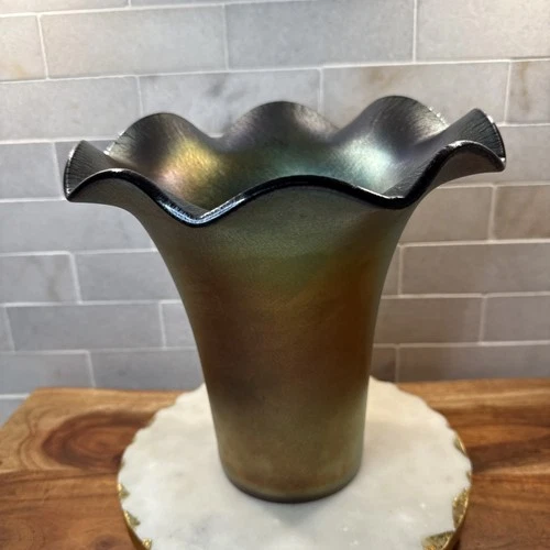 Imperial Iron Cross Mark Iridescent Carnival Vase With Ruffled Rim 8.5”