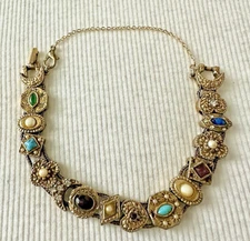 Vintage Signed Goldette NY Victorian Revival Charm Bracelet Safety Chain