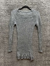 Knitz Silk-Cotton Ribbed Knit Pullover Mini Sweater Dress Grey Womens Size S