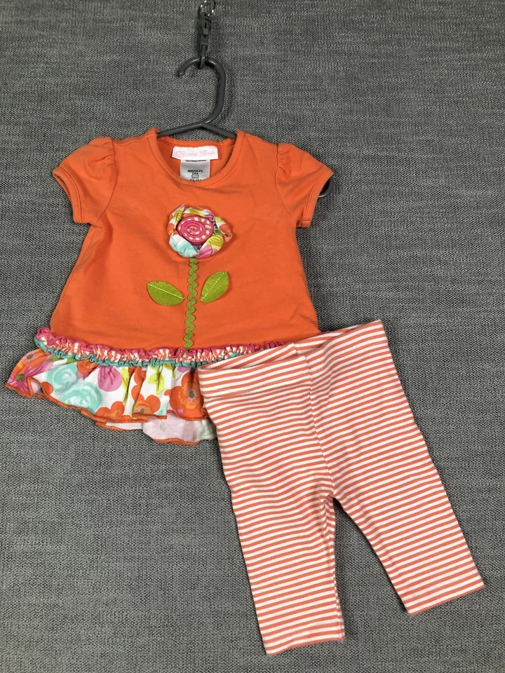 Bonnie Baby 2 Piece Girls Flower Shirt Striped Pants Set 6-9M Spring Outfit Set - Image 2 of 4