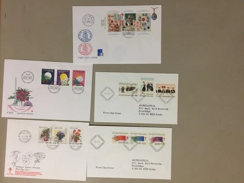 Five Finland fdc with multiple stamps:RED CROSS,FIGHT TB,SS,