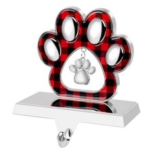 3D Dog Christmas Stocking Holder With Small Paw Pendant - Silver Metal Mantel
