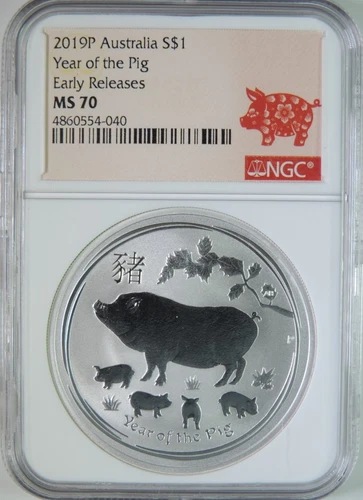2019 P Australia Lunar Year of the Pig 1oz .999 Silver $1 Coin NGC MS70 ER