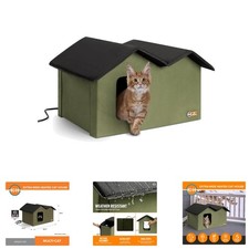 Extra-Wide Heated Outdoor Cat House with Safe Escape Doors - Weatherproof Olive