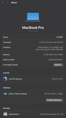 Apple MacBook Pro 16 in 2019 Intel Core I9 2.30 GHz, 1 TB 16 GB