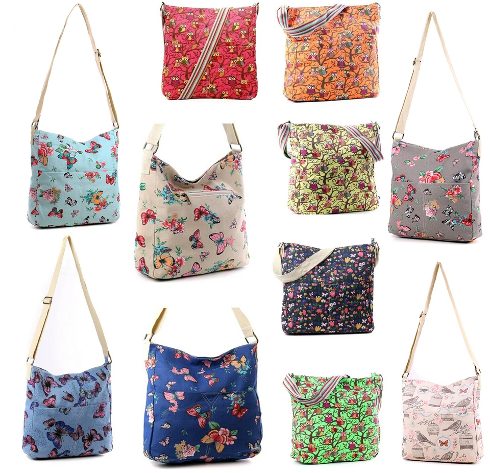 Womens Large Canvas Cross Body Bag Flower Butterfly Owl Messenger Shoulder Bags