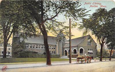 Malden Massachusetts 1917 Postcard Public Library Horse Cart