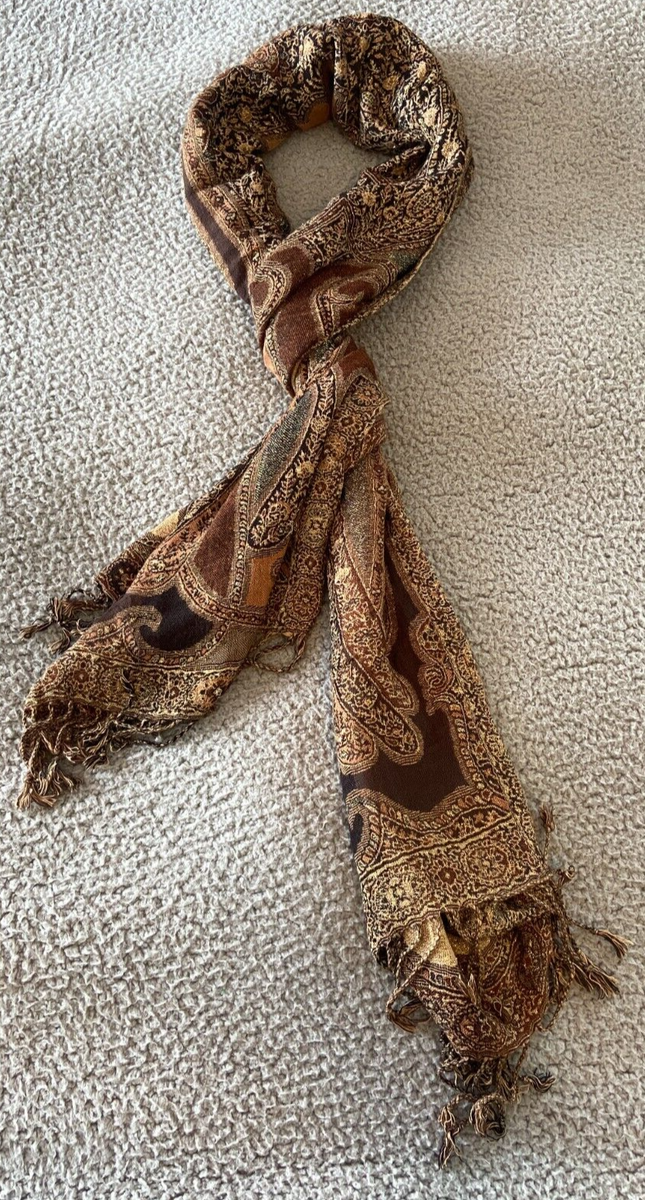Unbranded Womens Brown Black Gold Rectangle Fringed Scarf One Size