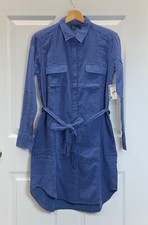 NWT GAP Blue Textured Ladder Lace LS Button Belted Tie Pocket Shirt Dress, SMALL