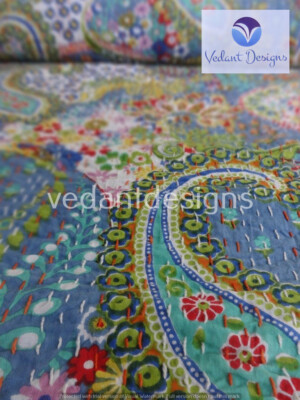Indian Reversible Paisley Print Kantha Quilt Blue Twin Blanket Throw Art