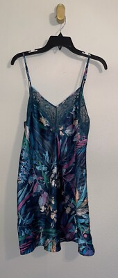 Linea Donatella Womens Satin Floral Nightgown Chemise Slip L Large Teal New