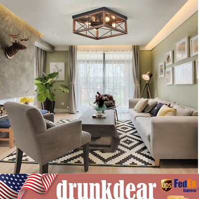 4-Lights Metal & Wood Rustic Square Flush Mount Ceiling Light Pendant Lamp US