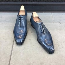 Handmade Bespoke Men's Blue Color Genuine Leather Wing Tip Brogue Oxford Shoes