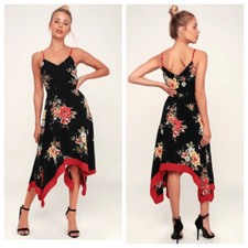 Lulu’s Go Fleur a Twirl Black Floral Print Handkerchief Midi Dress Size Large