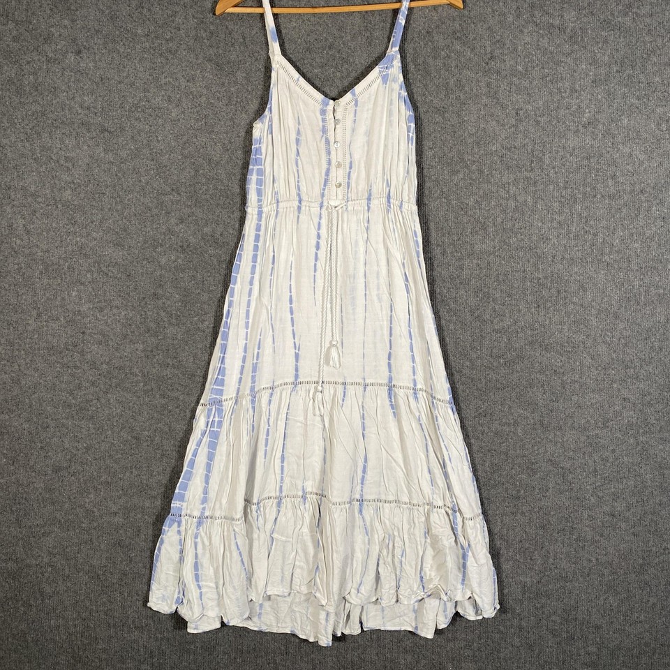 Just Jeans Dress Womens 8 White Blue Tie Dye Maxi Boho Strappy Tiered Sundress