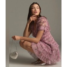 Mac Duggal V-Neck Floral Mesh Ruffle Mini Dress sz 2 NWT LoveShackFancy vibes