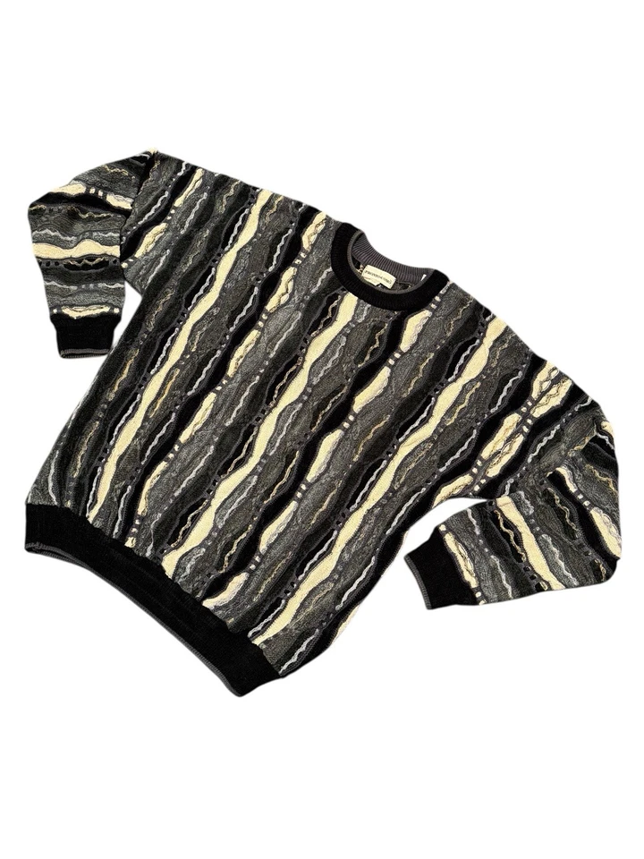 Vtg Pronto Uomo Coogi Style Sweater L 3D Knit Textured Abstract Black Grey 90s - Image 2 of 4