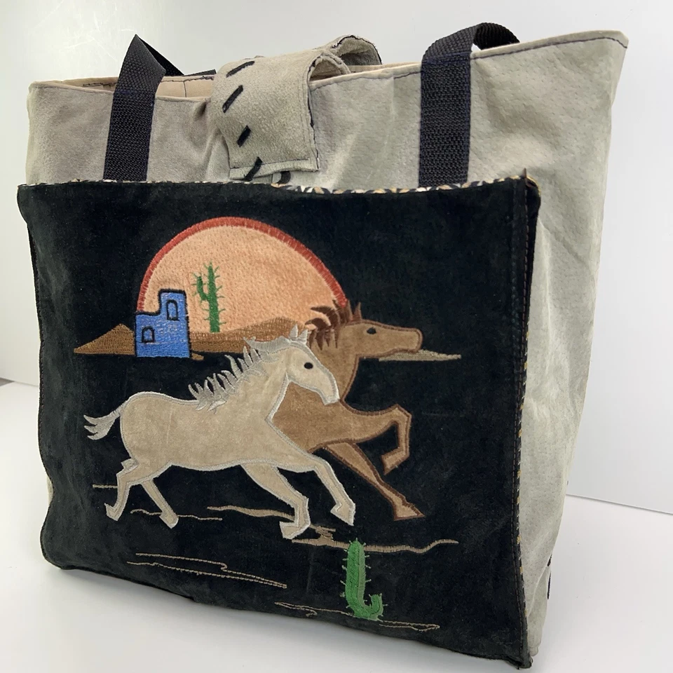 绒面皮托特包拼布马手工缝制帆布波西米亚单肩包沙漠西南 — 第 2/4 张图片