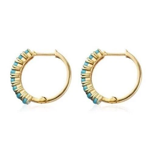 Pendientes tipo argolla enchapados en oro amarillo de 14 quilates turquesa simulada de corte redondo de 2 quilates para mujer Foto 4 de 4