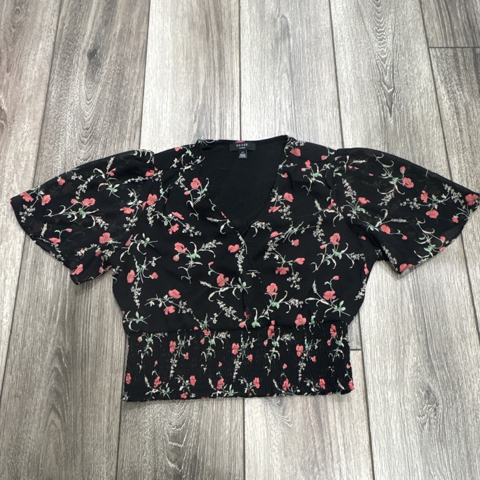 Haver London Women's S Black Floral Chiffon V-Neck Smocked Waist Puff Blouse