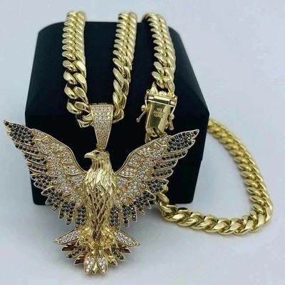 3 Ct Round Simulated Diamond Men's Cluster Eagle Pendant 14k Yellow Gold Plated