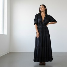 Ulla Johnson Black Ruffle Tiered Smocked Midi Dress Size 4 V-Neck Short Sleeve