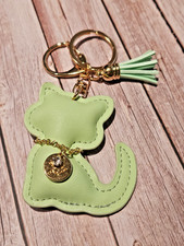 Kitty Cat Bag Charm w/Tassel Light Green, Charm Collar Faux Leather NWOT