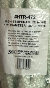 High Temperature Gasket Rope, 1000F, White, Boiler & Furnace, 1/2'' Diameter