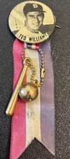 1950s BASEBALL~TED WILLIAMS~1 3/4” PM10 PIN~CLOSE UP VARIATION W/BAT/BALL/RIBBON