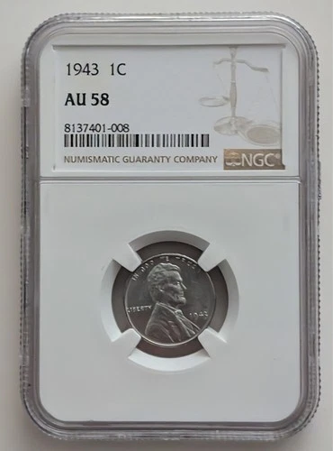 1943 STEEL CENT NGC AU 58 COIN WWII ISSUE