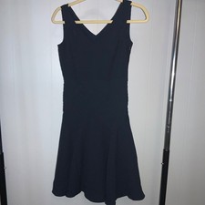 Ann Taylor navy fit flare V neck mini dress Sz 00P sleeveless pintucks side zip