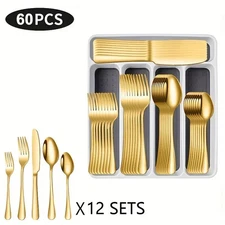 60 Pieces Cutlery Set with Drawer Storage Box Including Knives, Forks Spoons