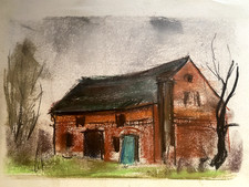 ::FRANZ EHMKE 1928 - 2018 BERLIN PASTELL SCHEUNE MIT BLAUER TÜR HERBST BÄUME