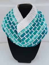 New 30" Cowl Infinity Scarf White Teal Blue Brick Stitch - Handmade Crochet Knit