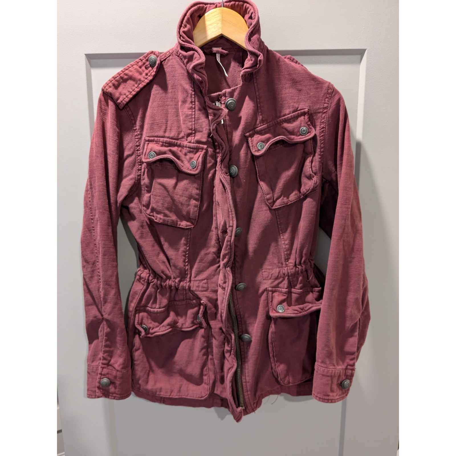 Free People Military Style Jacket Burgundy Utility Cargo Pockets READ