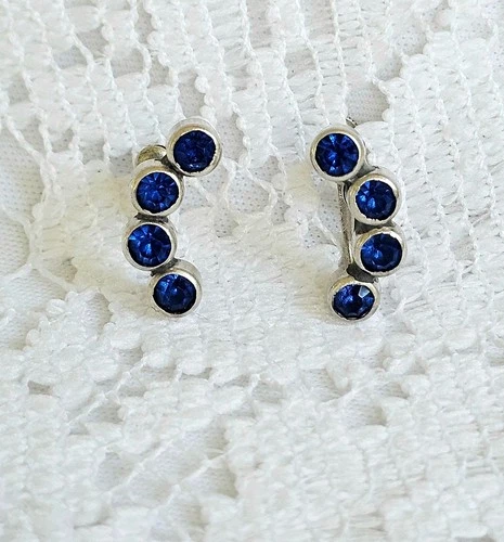 VTG ART DECO Sterling Silver Screw Back Earrings Deep Blue Rhinestone Jewelry