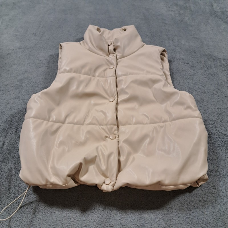 No Boundaries Beige Faux Leather Puffer Vest Girls Size Small Button Front