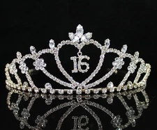 SWEET SIXTEEN 16 RHIESTONE TIARA CROWN WITH COMBS PARTY JEWELRY T538 GOLD TONE