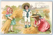 Birthday Greetings Children Harvested Wheat Scene Field Antique Posted Postcard